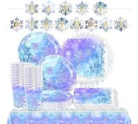 Lot de 62 pièces de vaisselle de fête sur le thème des flocons de neige, décorations d'anniversaire en forme de drapeaux en queue de poisson, vaisselle pour fêtes d'anniversaire d'enfants