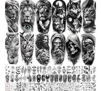 Lot de 68 feuilles de tatouages temporaires noirs - Pour homme et femme - Pour adultes et femmes - Manches d'Halloween - À coller - Tigre Zeus Dieu Jésus-Christ - Guerrier spartiate