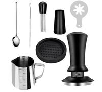 Lot de 7 accessoires espresso 51 mm, tamper à ressort calibré, outil WDT en acier inox à aiguilles multiples, pichet à lait, pochoirs latte art, set d’outils barista