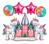 Lot de 7 ballons de princesse géants licorne pour filles avec ballons licorne debout, ballon château, ballons Happy Birthday en aluminium rose, pas besoin d'hélium