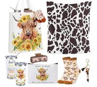 Lot de 7 cadeaux en forme de vache des Highlands pour femme avec gobelet de 590 ml, couverture en toile, sac fourre-tout, trousse de maquillage, pinces à cheveux, porte-clés, chaussettes pour amoureux