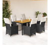 Lot de 7 meubles de jardin avec coussins en rotin synthétique noir avec dossier réglable et repose-pieds, table d'appoint en acacia, siège confortable, housses de lavage amovibles