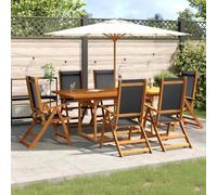 Lot de 7 meubles de jardin en bois d'acacia et textilène massif, chaise de jardin pliable réglable en 5 positions, table de jardin, trou de parapluie, huilé