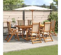 Lot de 7 meubles de jardin en bois d'acacia massif, table pliante avec trou pour parasol et 6 chaises en textilène réglables, plateau robuste, facile à nettoyer