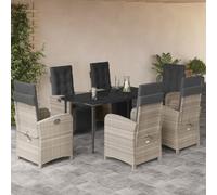 Lot de 7 meubles de jardin en rotin PE, gris, avec coussins, chaise réglable et table d'appoint avec plateau en verre