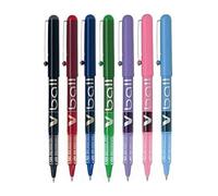 Lot de 7 stylos à bille Pilot V Ball - Pointe fine en métal de 0,5 mm - Largeur d'écriture de 0,3 mm - Encre liquide (noir, rouge, bleu, vert, violet, rose et bleu clair) - BL-VB5