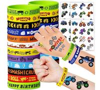 Lot de 72 cadeaux de fête Monster Truck pour enfants - 48 tatouages temporaires prédécoupés et 24 bracelets en silicone - Fournitures de fête d'anniversaire, sacs à friandises, prix de carnaval