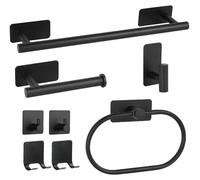 Lot de 8 accessoires de salle de bain en acier inoxydable (pas besoin de perceuse) : porte-serviettes, porte-papier toilette, patère, anneau porte-serviette, petits crochets, porte-rasoir (noir)