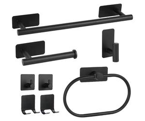 Lot de 8 accessoires de salle de bain en acier inoxydable (pas besoin de perceuse) : porte-serviettes, porte-papier toilette, patère, anneau porte-serviette, petits crochets, porte-rasoir (noir)