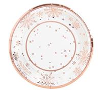 Lot de 8 assiettes à dessert jetables en carton de Ø 18 cm avec thème de Noël et motif flocon de neige or rose. Assiettes biodégradables de Noël, 100 % recyclables. Idéales pour fêtes et événements.