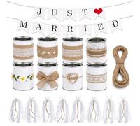 Lot de 8 boîtes de conserve de mariage faites à la main - Ruban de décoration de voiture de mariage avec bannière