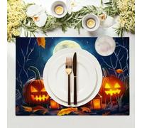 Lot De 8 De Table De Halloween en Dessin Animé, Motifs Citrouille Lanterne, Bleu, 30 X 45 Cm, Lavables, pour l'hiver, La Cuisine, La Décoration De Fête