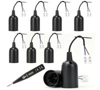 Lot de 8 douilles E27 avec câble, montage avec testeur de tension VDE | Douille de chantier, 4 A, 250 V, support de lampe pour salon, lustre, cuisine, chambre à coucher (noir)