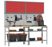 Lot de 8 établis en acier revêtu par pulvérisation - Avec étagères en métal et armoire à outils - 200 x 55 x 200 cm - Pour atelier, garage, salle de loisirs - Avec espace de rangement et système de