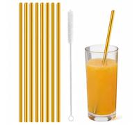 Lot de 8 pailles en acier inoxydable réutilisables pour jus, café glacé, boissons froides, eau, verres highball, gobelets, tasses, 6 mm de large, 215 mm de long, avec brosse, doré
