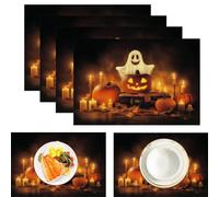 Lot De 8 Sets De Table Halloween Sombre Sets De Table Fantôme Citrouille Bougie Décoration De Tables Lavables pour Les Vacances 30 X 45 Cm,Orange Noir