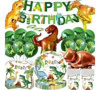 Lot de 80 ustensiles de décoration d'anniversaire dinosaures avec grand ballon en aluminium dinosaure, accessoires de fête, vaisselle de fête Jura, assiettes en carton, tasses, ballons, bannières pour