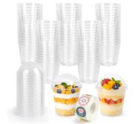 Lot de 80 verres à dessert en plastique avec couvercle en dôme, 200 ml | Gobelets ronds en plastique transparent avec couvercle et 500 autocollants pour mousse, pudding, fruits, fête