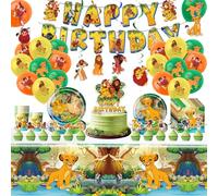 Lot de 89 décorations d'anniversaire Roi Lion, fournitures de fête, assiettes en carton, gobelets, serviettes, nappes, vaisselle pour 10 invités