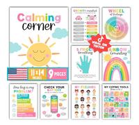 Lot de 9 affiches d'angle apaisantes colorées pour les enseignants - Fournitures de coin calmes élémentaires, tableau de sentiments pour enfants de 4 à 8 ans, tableau d'émotions pour enfants, articles