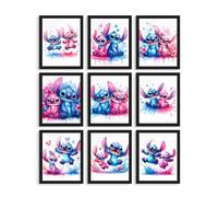 Lot de 9 affiches Stitch pour chambre de fille - Décoration murale de chambre d'enfant et d'ange, impressions d'art aquarelle pastel, œuvres d'art murales pour enfants - Sans cadre (20,3 x 25,4 cm)