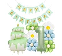 Lot de 9 décorations d'anniversaire en forme de marguerite pour 1er anniversaire avec guirlande Happy Birthday, ballons en aluminium, ballons en forme de marguerite, ballon en aluminium chiffre 1 pour