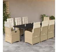 Lot de 9 fauteuils de jardin avec coussins en polyrotin beige avec dossier réglable, dessus en verre, housses amovibles