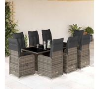 Lot de 9 meubles de jardin avec coussins - Gris rotin - Fauteuil de jardin avec dossier réglable et table basse avec plateau en verre - Ensemble de bistrot confortable pour jardin, balcon ou