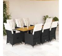Lot de 9 meubles de jardin avec coussins, noir en rotin PE, dossier réglable et repose-pieds, table d'appoint en bois d'acacia, assise confortable avec coussins épais,