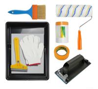 Lot de 9 outils de peinture orange avec rouleau, brosse en nylon, film de masquage, raclette, support de papier abrasif et gants pour travaux intérieurs, murs, plafonds
