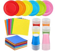 Lot de 90 assiettes en carton, gobelets, serviettes, assiettes plates, serviettes de table multicolores, serviettes de table pour déjeuner, cocktail, gobelets de 250 ml pour bricolage, anniversaire