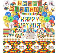 Lot de 90 pièces de décoration d'anniversaire en briques de construction, vaisselle de fête, assiettes, gobelets, ballons, décorations d'anniversaire pour 10 personnes