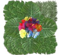 Lot de 96 feuilles de palmier artificielles, comprenant 4 espèces différentes de palmiers tropicaux, des feuilles de monstera et des fleurs d'hibiscus ; décoration végétale tropicale ; feuilles de pal