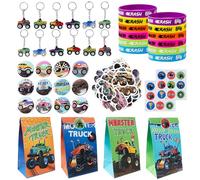 Lot de 98 cadeaux Monster Truck Sac cadeau Bracelet silicone Insigne Clé USB Autocollant Pour anniversaire camion monstre Décoration