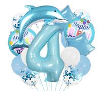 Lot de ballons bleus en forme de dauphin pour 4e anniversaire de garçon - Décoration d'anniversaire pour 4 ans - XXL - Bleu ciel - Motif animaux de l'océan