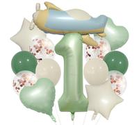 Lot de ballons en forme de chiffre 1 en forme de avion, vert olive, pour 1er anniversaire, décoration de fête à thème véhicules (1er anniversaire)