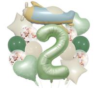 Lot de ballons en forme de chiffre 2 vert olive pour décoration de fête d'anniversaire 2e anniversaire Motif avions de dessin animé 2 ballons Fly Two Décoration de fête à thème véhicules