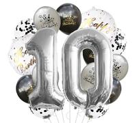 Lot de ballons ronds en latex pour décoration de 10e anniversaire Motif chiffre 10 Noir/gris 45,7 cm