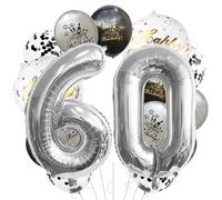 Lot de ballons ronds en latex pour décoration de 60e anniversaire Motif chiffre 60 ans Noir/gris 45,7 cm