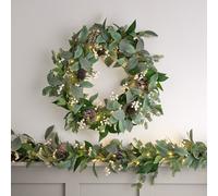 Lot de Couronne et Guirlande de Noël Pré-éclairée à Baies Blanches