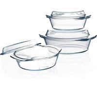 Lot de plats à gratin ronds en verre, de 0,65 l, 1 l et 1,4 l, avec couvercles et poignées.
