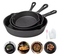 Lot de poêles en fonte - Lot de 3 poêles - Sans revêtement - Poêles antiadhésives pré-assaisonnées - Pour cuisinières à gaz et à induction