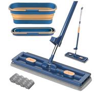 Lot de serpillères avec seau, grande serpillère plate avec fonction essorage, articulation rotative à 360 °, avec seau pliable et tampons de nettoyage en microfibre, grande serpillère plate pour bois