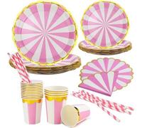 Lot de serviettes de table de fête pour 16 convives, rayées rose et blanc, en carton, accessoires de fête