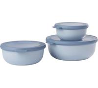 Lot de trois bols ronds à fond plat – Capacités : 350, 750 et 1 250 ml – Matériau robuste et étanche – Convient pour le congélateur, le lave-vaisselle et le micro-ondes – Design unique bleu nordique.