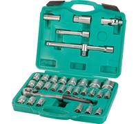 Lot douilles et cliquet 32 pièces avec douille à bougie | WIESEMANN 80096 | acier au chrome vanadium | lot pour véhicule | à 6 et 12 pans | cliquet 1/2" | adaptateur | dans un coffret