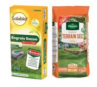 Lot d'un sac de Gazon pour terrain sec 5kgs et d'un sac engrais gazon 10kgs-