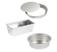 Lot moule à cake rectangulaire, moule rond 28 cm et tourtière 32 cm en fer blanc Gobel