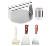 Lot Presse à Viande Barbecue, en Acier Inoxydable | Brosse, Spatule et Flacon D’assaisonnement, Poignée en Bois, Silicone, pour Barbecue Extérieur