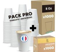 Lot Professionnel 1000 Gobelets Carton Blanc 20 cl + 1000 Agitateurs Bois, Résistants, Boissons Chaudes, Bord Roulé, Imperméables, Stockage Facile en Sachets De 50, 100% Recyclables (8 Oz (20cl))
